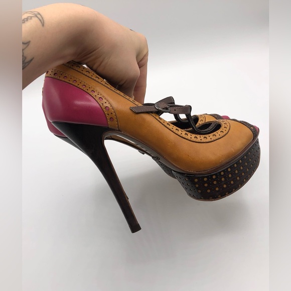 Schutz Tan Pink Leather Mary Jane T-Strap Peep Toe Stiletto Heels Women’s Size 6 - Picture 6 of 12